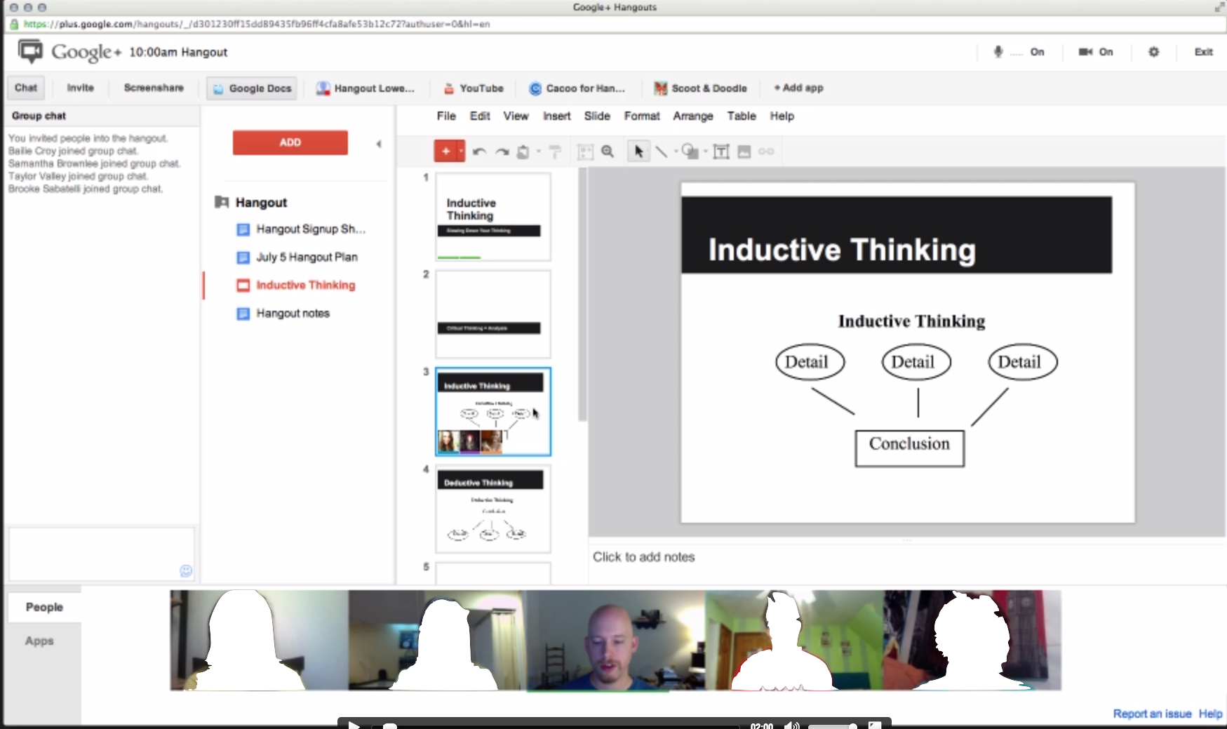 blurred screenshot of Google Hangout showing participants and slide being discussed