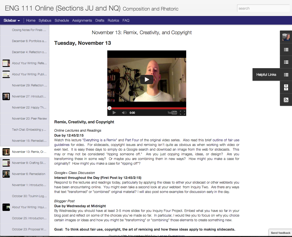 blurred screenshot of Lance Course Site showing image of YouTube video, course assignments, and class notes