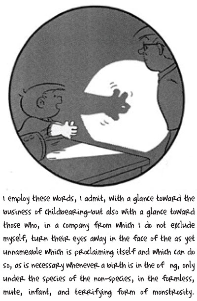 Family Circus cartoon with caption from Derrida. Billy is making shadow puppets and warning his father of a "terrifying form of monstrosity."