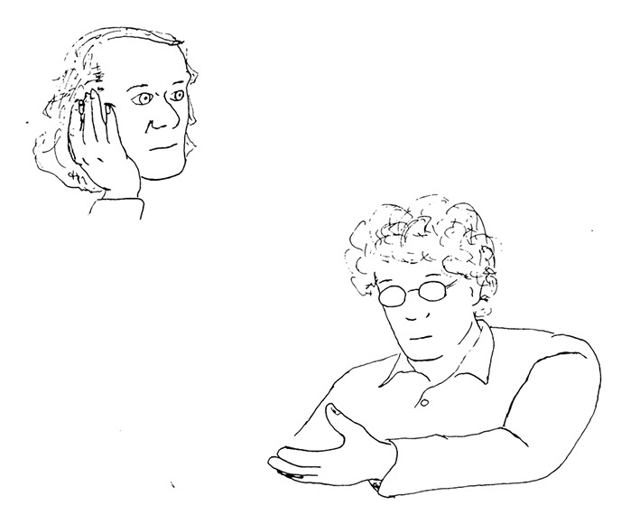 Line-drawn comic depicting Deleuze and Guattari speaking to one another.