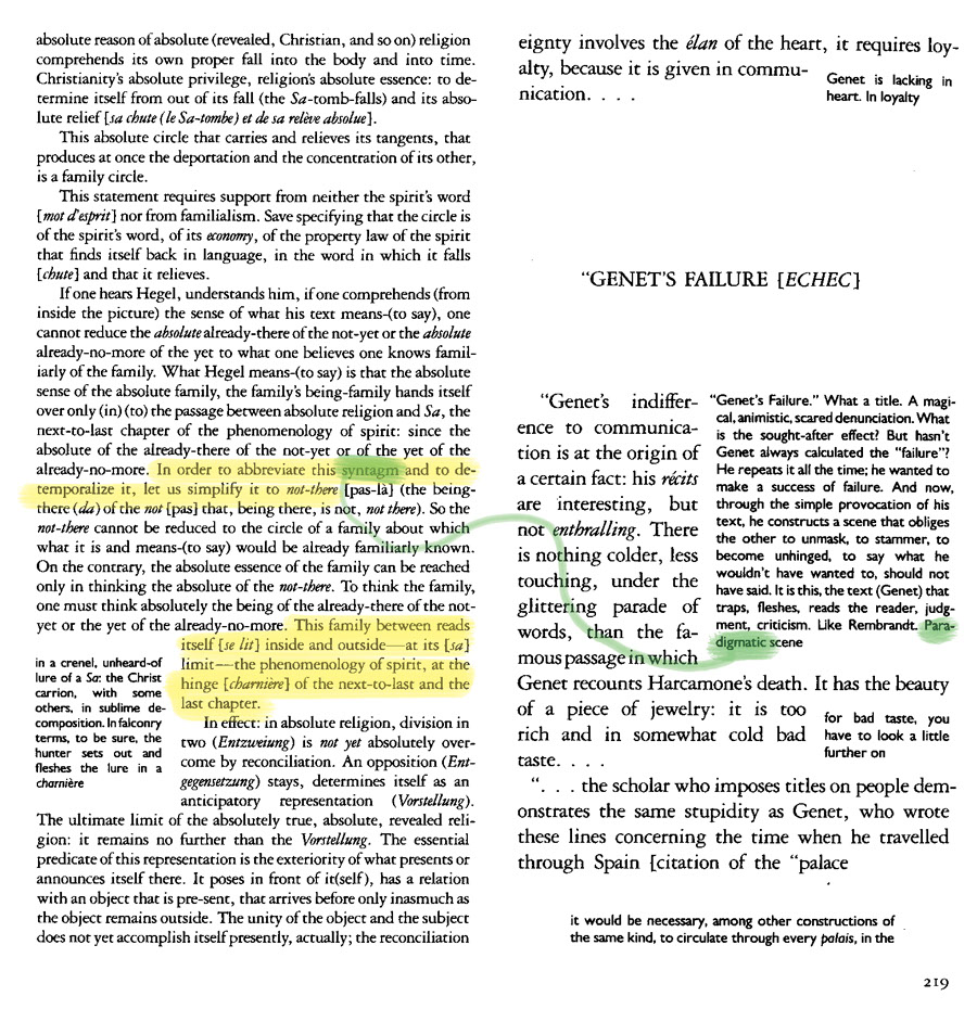 Image of page 219 from Glas with author's highlighting and annotation in green and yellow.