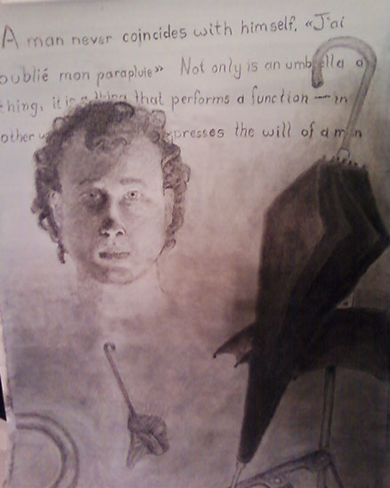 Charcoal drawing. The author's face on left, hard lit from right. Umbrella on right foreground with umbrella pieces throughout. Text behind.