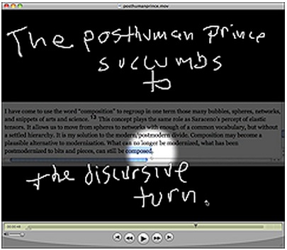 Screenshot of video with the handwritten text: "The Posthuman Prince Succumbs to the Discursive Turn"