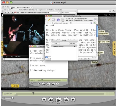 Screenshot of video with multilayered images of text editor screens over band performance video