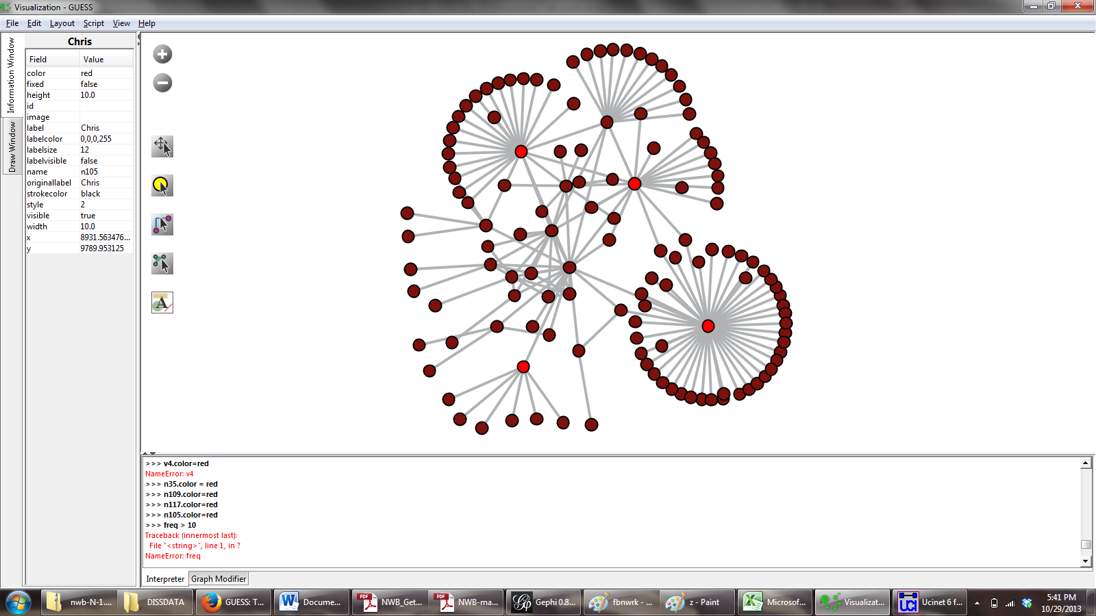 guess shot of a network image, with some of the nodes colored red, and a script bar at the bottom, with Gython code which is specific to GUESS software