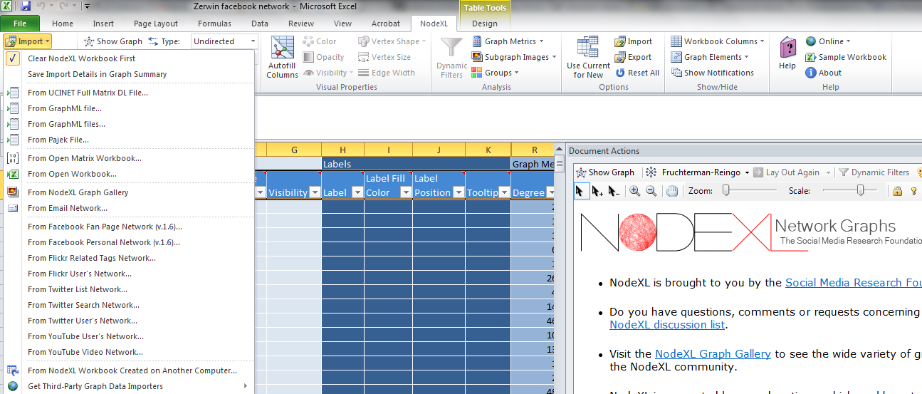 screenshot of NodeXL, illustrating the options for importing data from the file --> import window