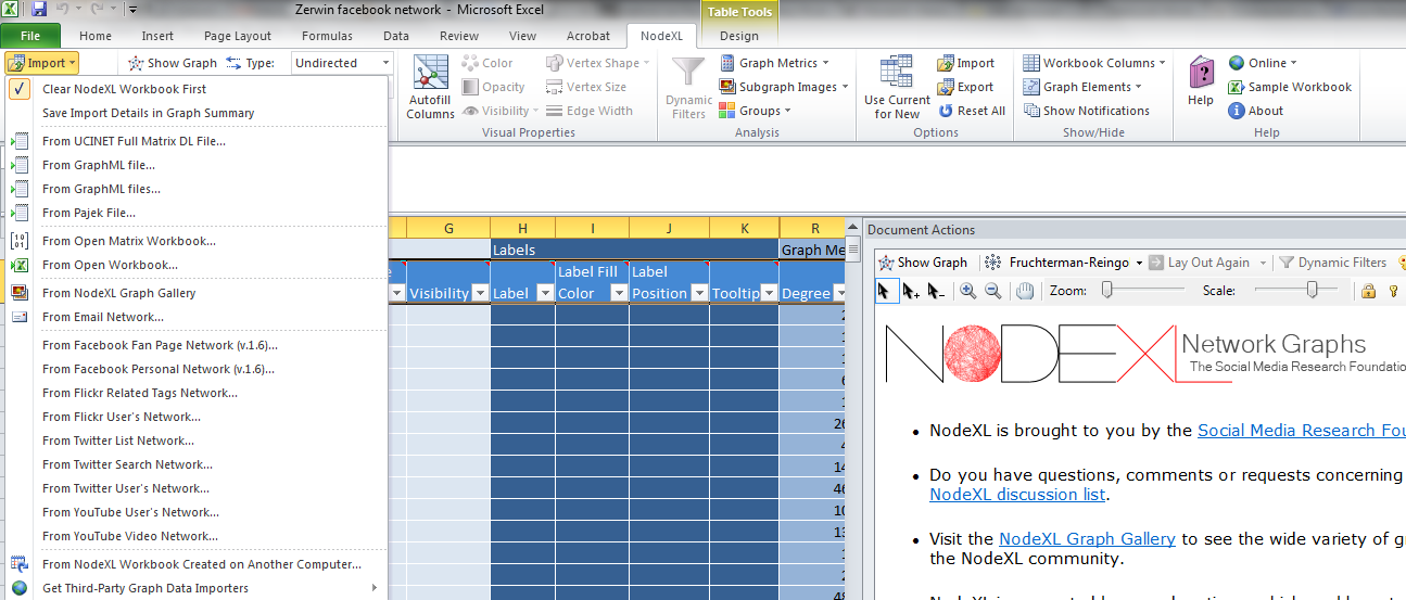 nodexlshot screenshot of NodeXL, illustrating the options for importing data from the file --> import window