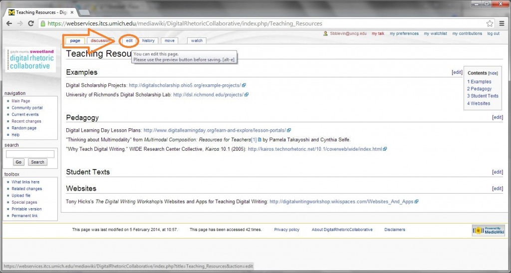 DRC Wiki Edit Tab circled with an arrow pointing to it.