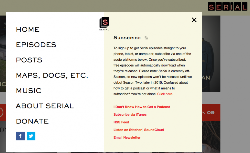 Screenshot of the menu on Serial's website