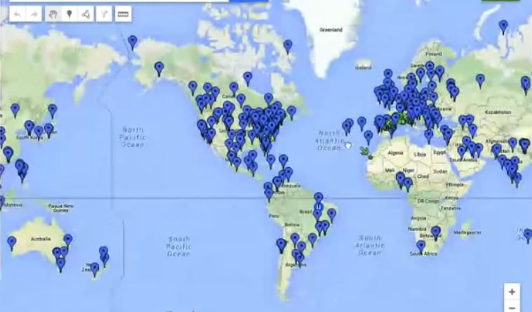 A Global Map with Student-Pinned Locations throughout the world in the Ohio State Rhetorical Writing I MOOC
