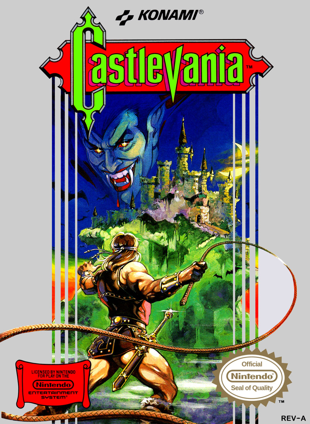 Cover of the first Nintendo Castlevania game, featuring Simon Belmont confronting Dracula's castle, with Dracula's face superimposed on the sky.