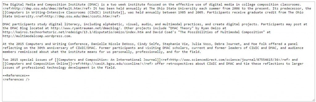 Wiki Code displayed for the DRC Wiki Entry on DMAC