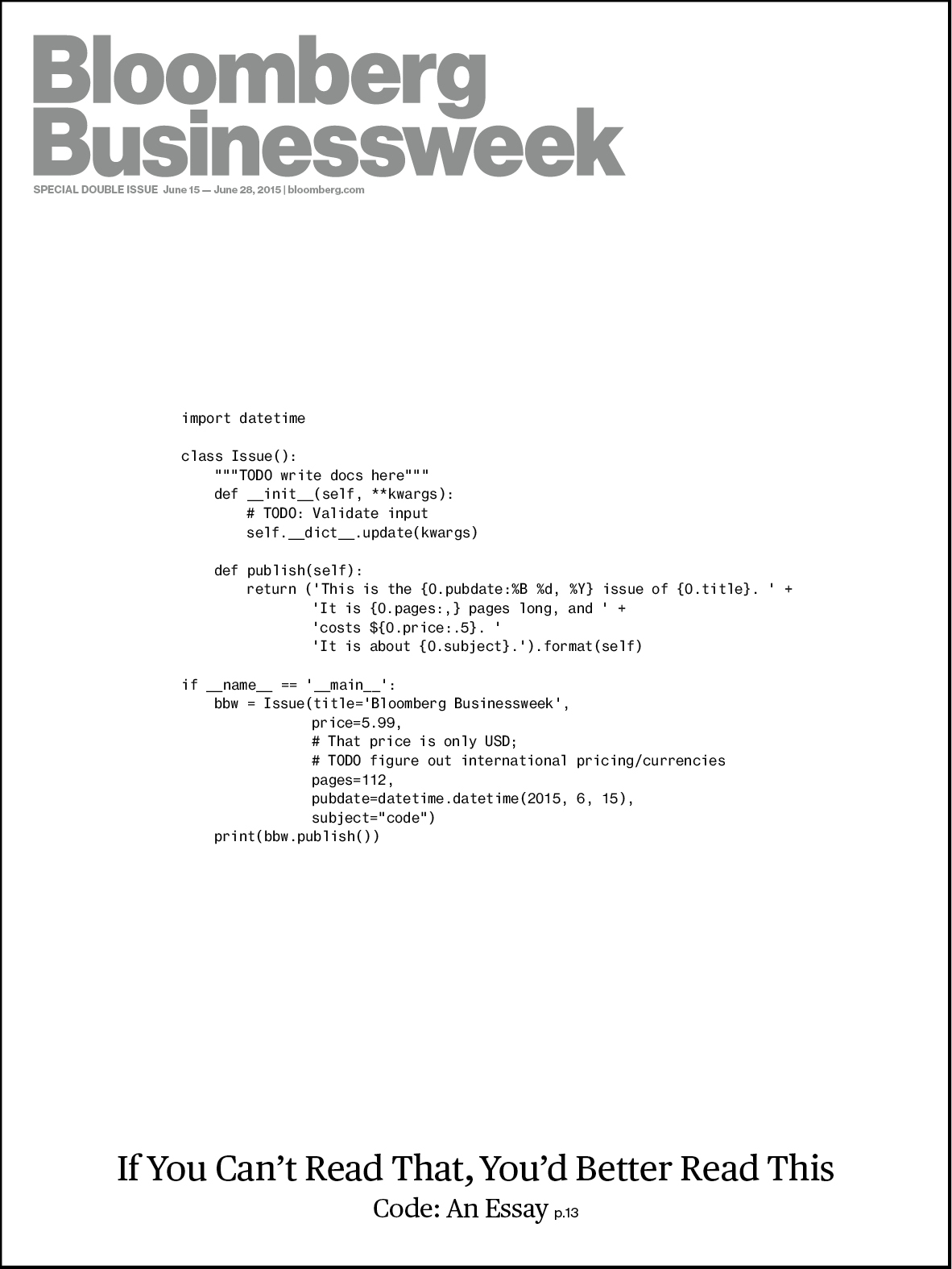An image-free magazine cover that displays code and then at the bottom displays, "If you can't read this, you better read this: code: an essay, p. 13"