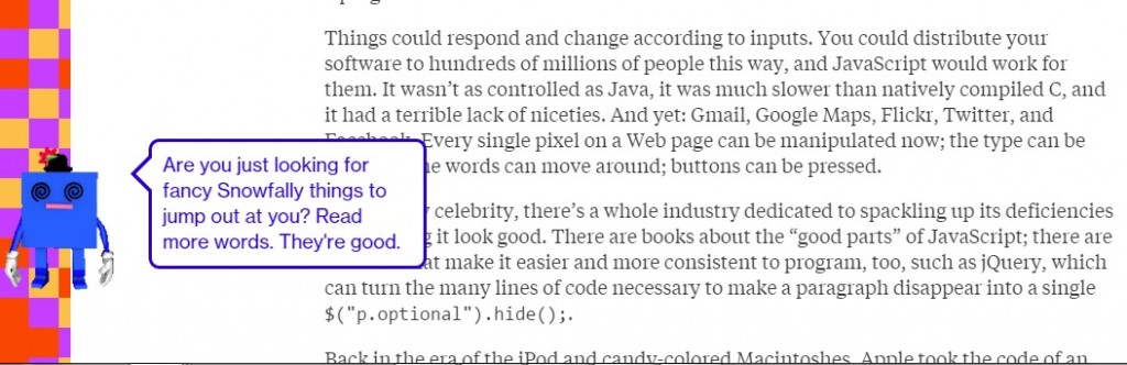 The What is Code Bot companion asks in a question overlaid on the article, "Are you just looking for fancy Snowfally things to jump out at you? Read more words. They're good."