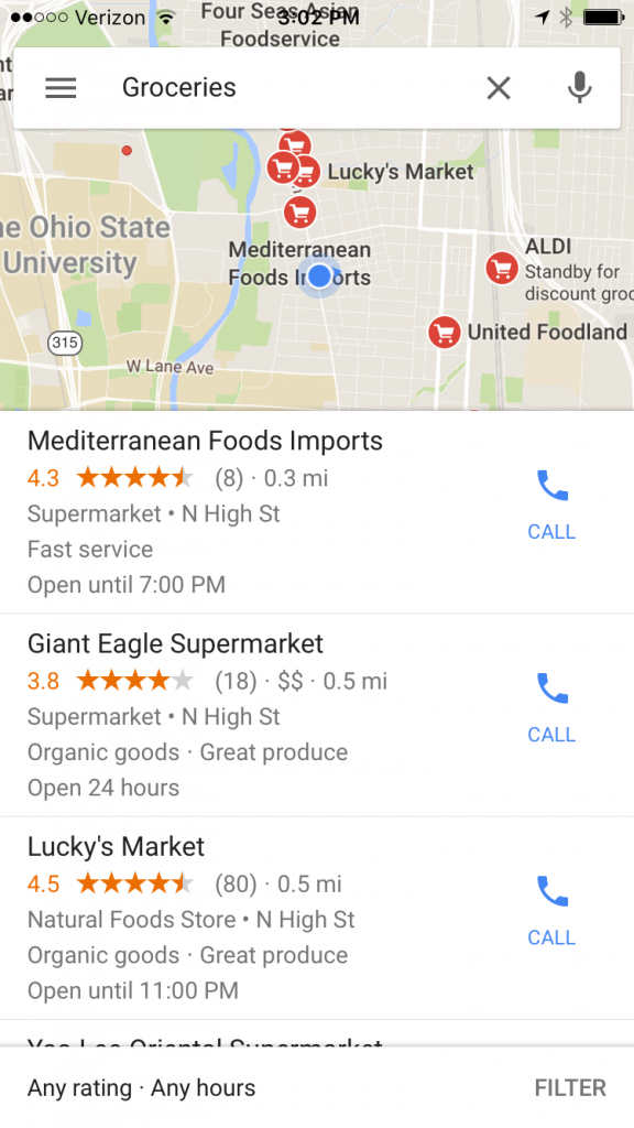 An iPhone screenshot of a Google Maps search for "groceries." The map shows locations for several grocery stores near Ohio State University. Citation: Google Maps. "Google Maps Search: Groceries." Copyright: Fair Use.