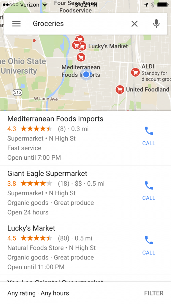 Google Maps Search: Groceries An iPhone screenshot of a Google Maps search for "groceries." The map shows locations for several grocery stores near Ohio State University. Citation: Google Maps. "Google Maps Search: Groceries." Copyright: Fair Use.