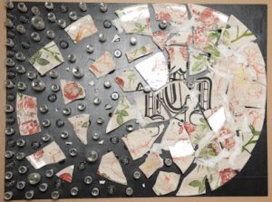 Letting Go. A broken ceramic plate partially pieced together interspersed with glass vials and q-caps on a black background.
