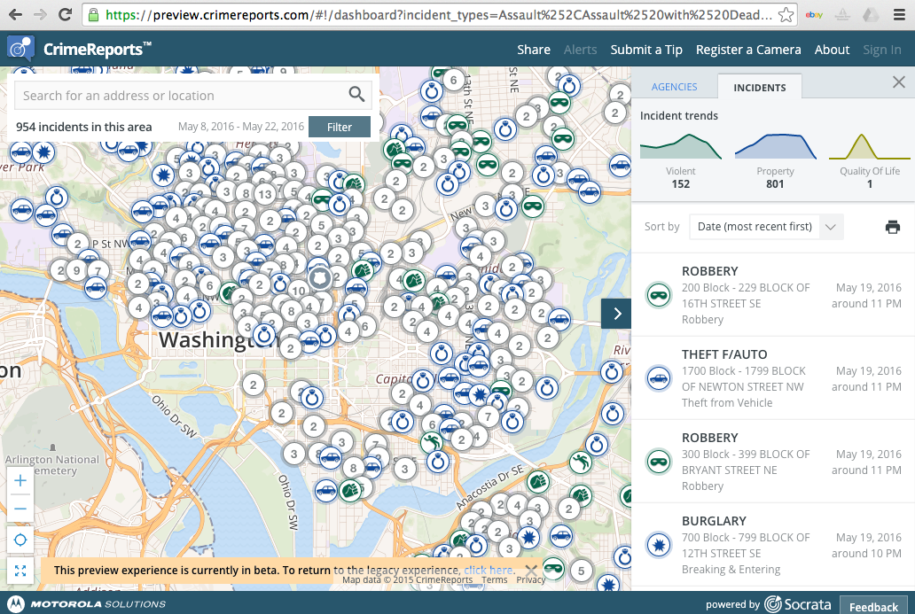 CrimeReports: Washington D.C., May 2016 A screenshot from CrimeReports.com showing a map of police reports in the Washington D.C. area. Dozens of incidents are marked by location. On the right, a feed provides information on each incident. Citation: CrimeReports.com. "CrimeReports: Washington D.C., May 2016." Copyright: Fair Use. <goo.gl/Wj4eRI>