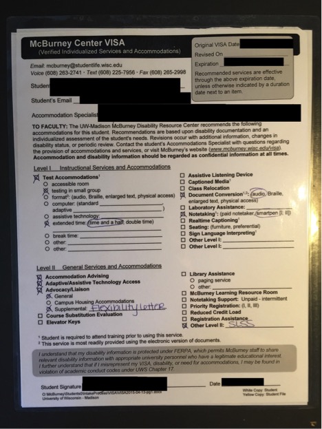 Photocopy of the front of the McBurney VISA form. It is an official, legal appearing form titled in a black header, “VISA.” It includes an origin date, revision date and expiration date for the form, as well as a list of services a student may be approved for and outlines the consequences for misrepresenting your disability.