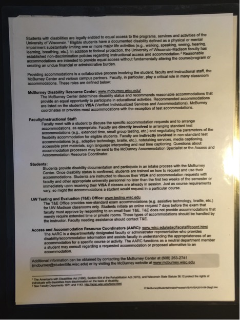 Photocopy of the back of the McBurney VISA form. Primarily text outlining what constitutes a legally recognized disability and how the accommodation process works. 