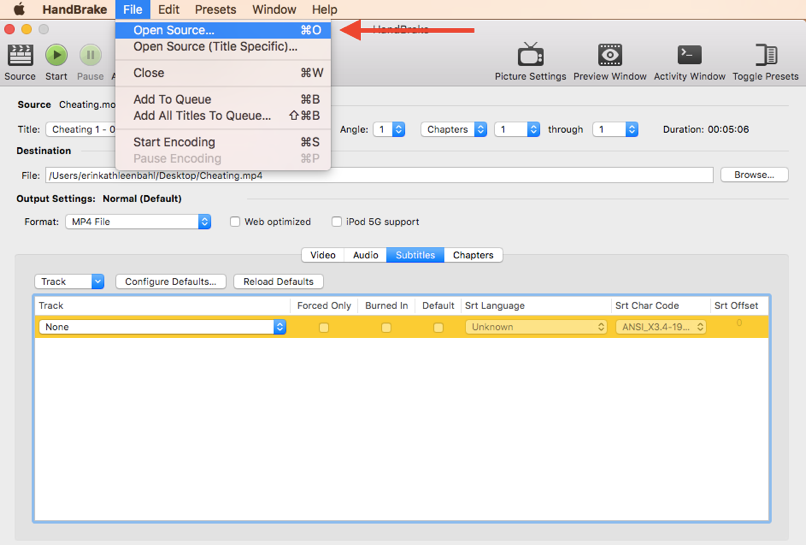 This image is a screen capture of the HandBrake interface. The "File" drop-down menu is open with "Open Source" selected.