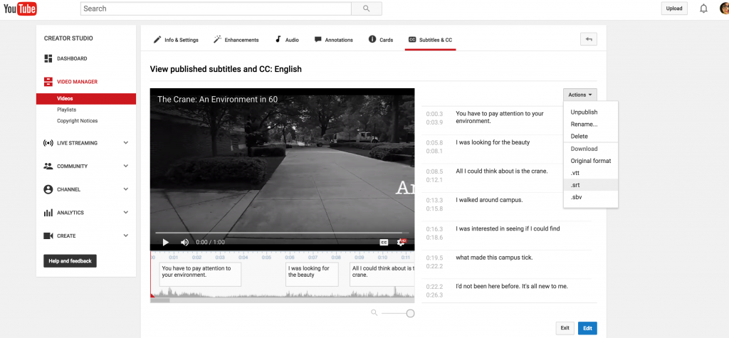 This image is a screen capture of YouTube's "view published subtitles and CC: English" interface. On the left is the video post-caption editing; on the right side, the transcription track is visible. On the "Actions" drop-down menu, the ".srt" option is selected.