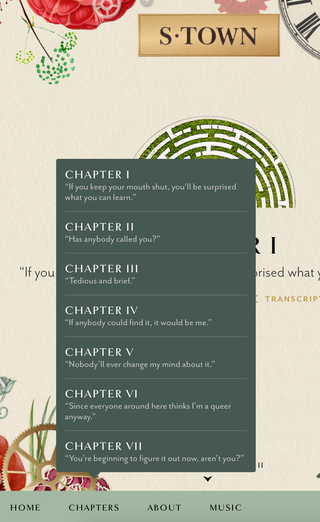 Screen capture showing S-Town's website and the set-up of "chapters."