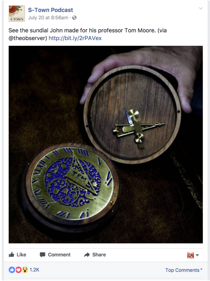 A photo of an artifact mentioned in the podcast, from S-Town's official Facebook page, directing users to another outlet.