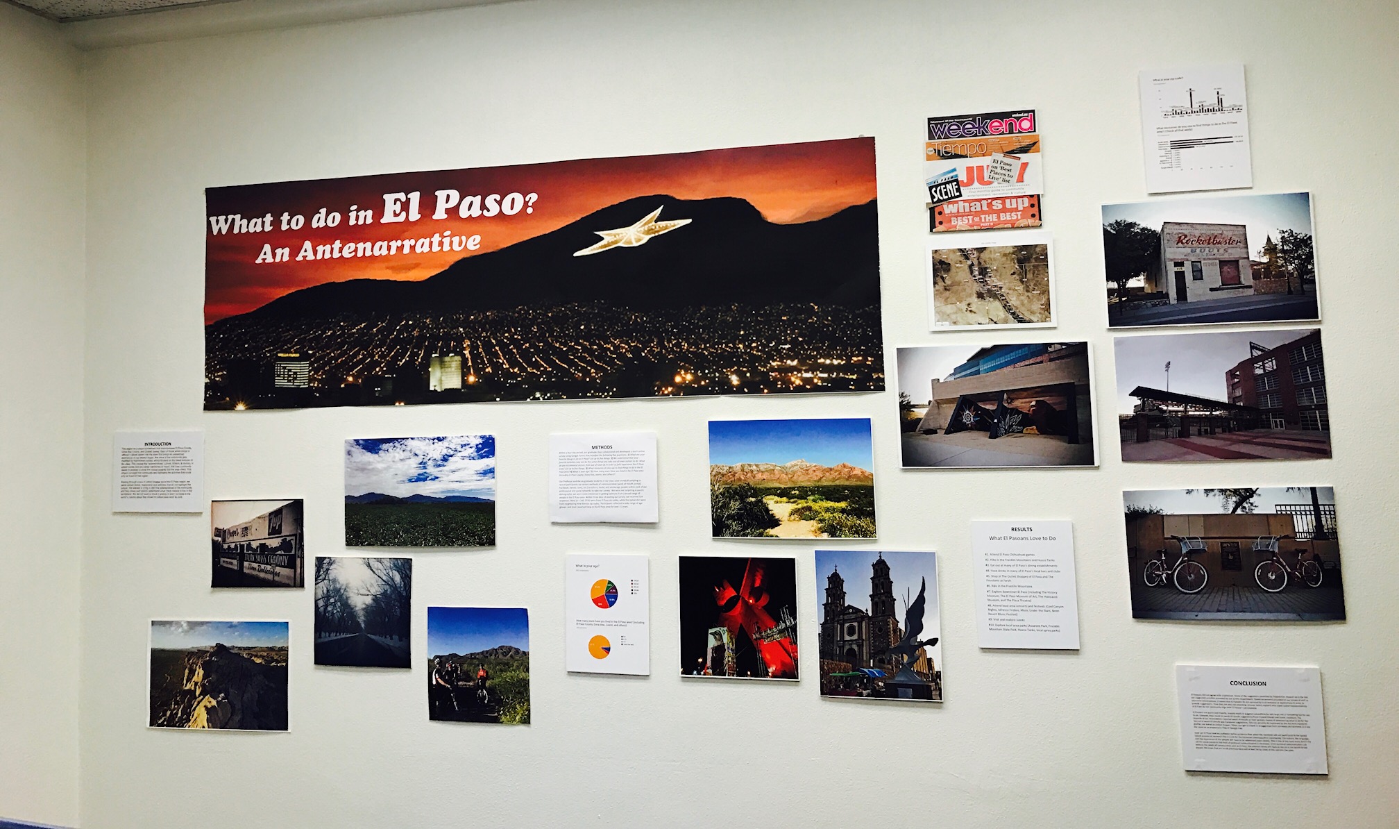 This picture reflects some of the ways in which we transformed data from our "What to do in El Paso" survey into an art exhibit that showcases different locations and activities in and around El Paso.