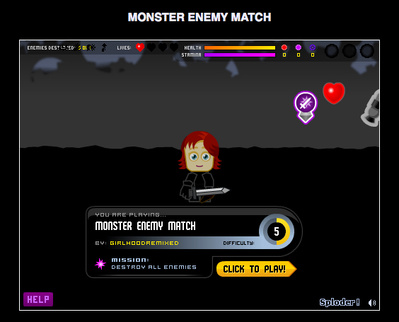 The female warrior from Chloe’s computer game Monster Enemy Match.