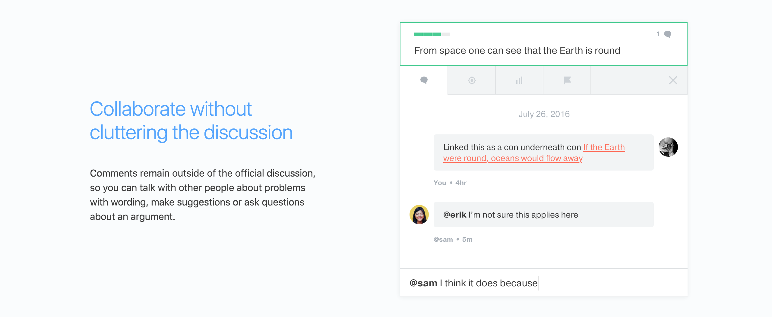 The collaboration feature of Kialo.