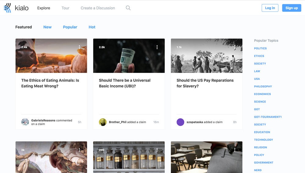 Kialo's "Explore" page showing existing debate topics ready for users to join.