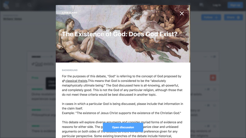 A sample debate topic page featuring, "The Existence of God: Does God Exist?"