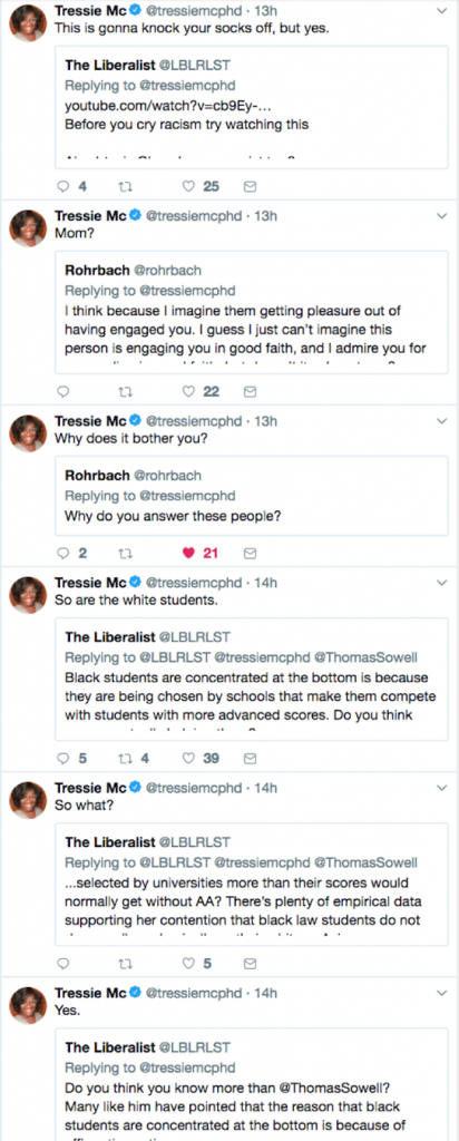 Series of quote tweets from Tressie McMillan Cottom, responding to various followers