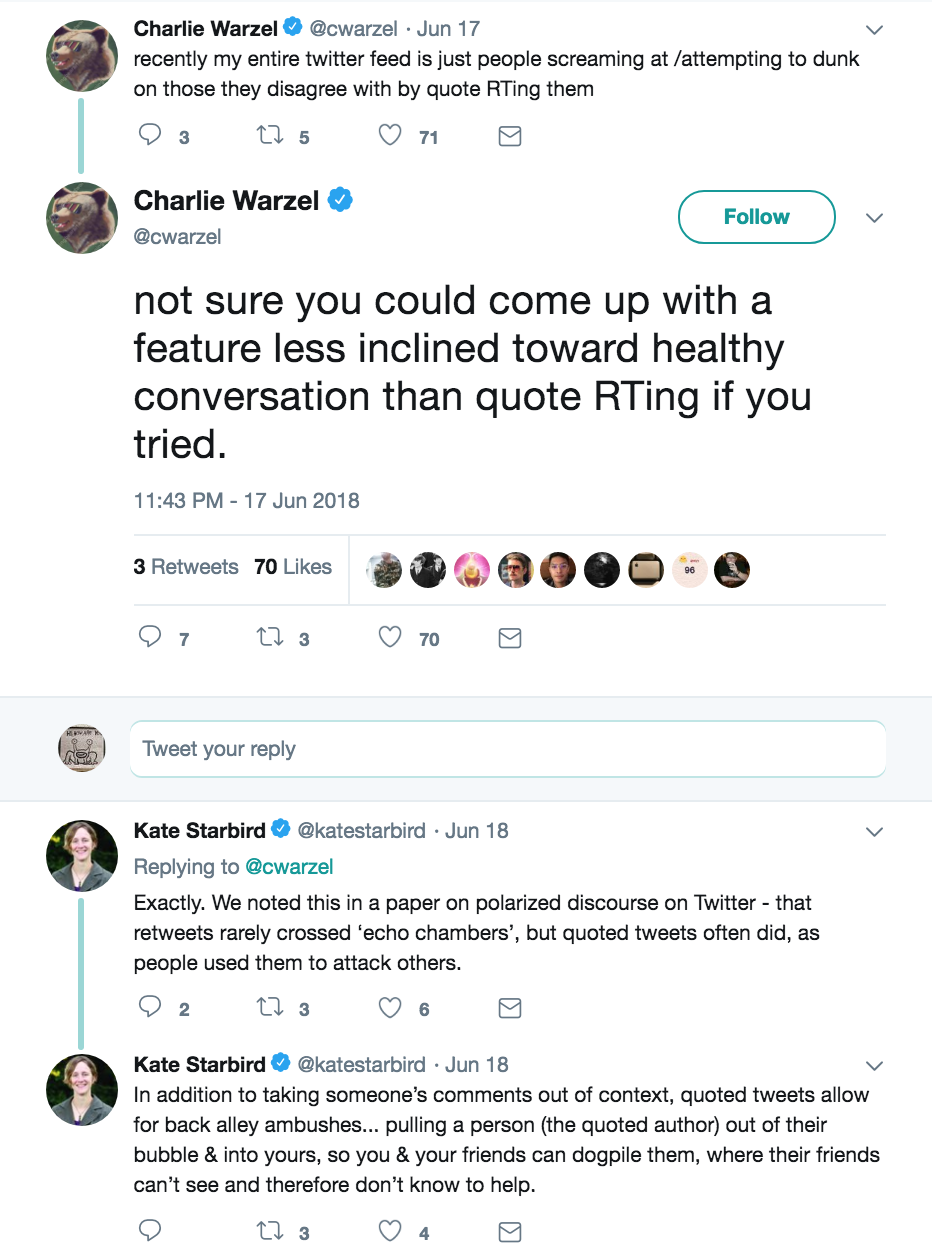 Charlie warzel tweet: "not sure you could come up with a feature less inclined toward healthy conversation than quote RTing if you tried."