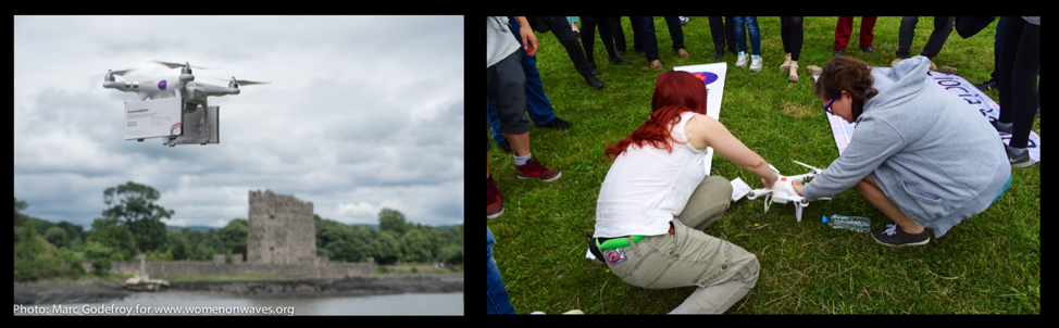 Two images again.     This time the image on the left is of a drone flying a box over a river separating germany and Poland.     The image on the right is of two women grabbing medications from the drone. There is a crowd of people surrounding them.