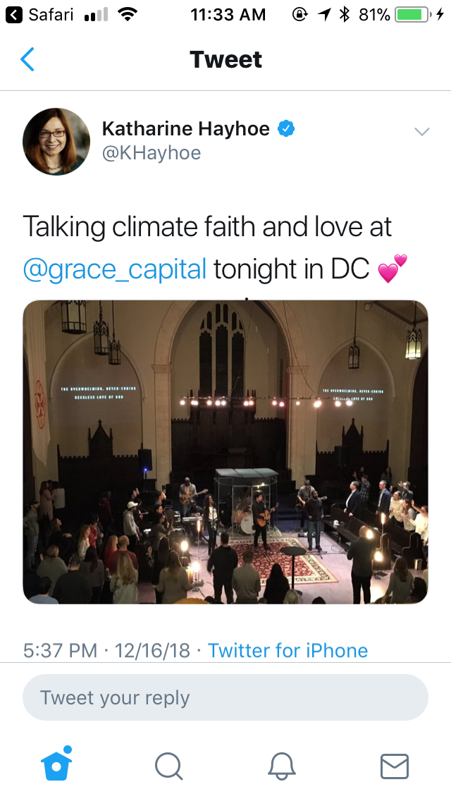 Tweet shows Christians singing a worship song inside a church and reads "Talking climate faith and love @grace_capital tonight in DC heart emoji" 