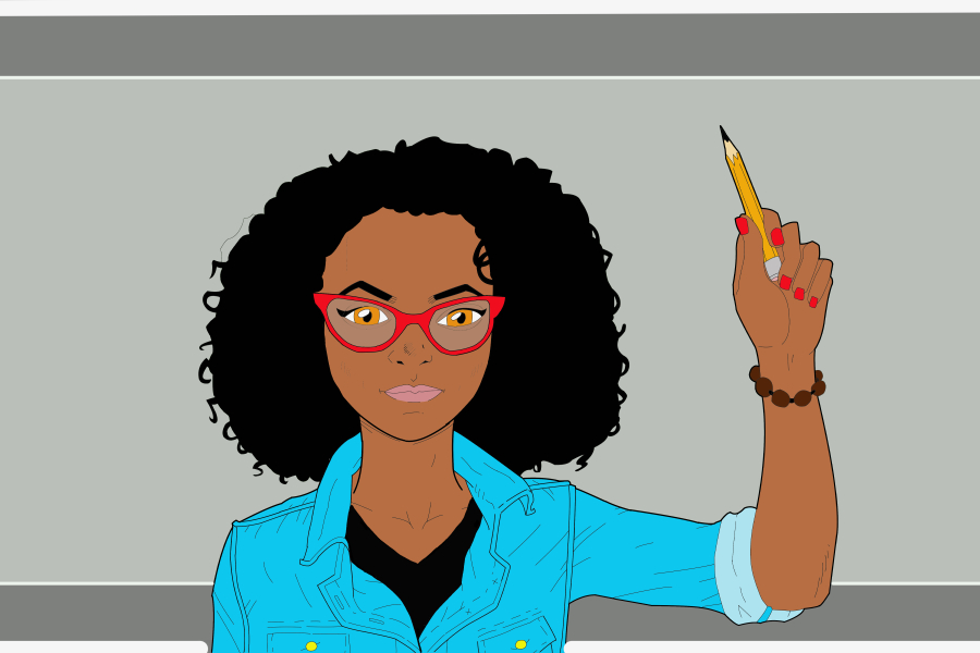 Digital drawing of a young female designer of color holding up a pencil
