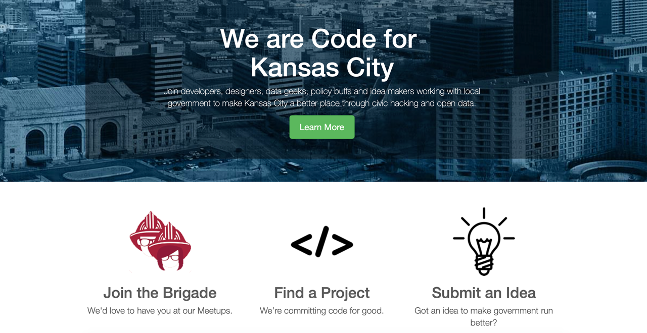 Figure 1: Code for KC website homepage where volunteers can review GibHub readme files and learn about in-process and delivered projects 