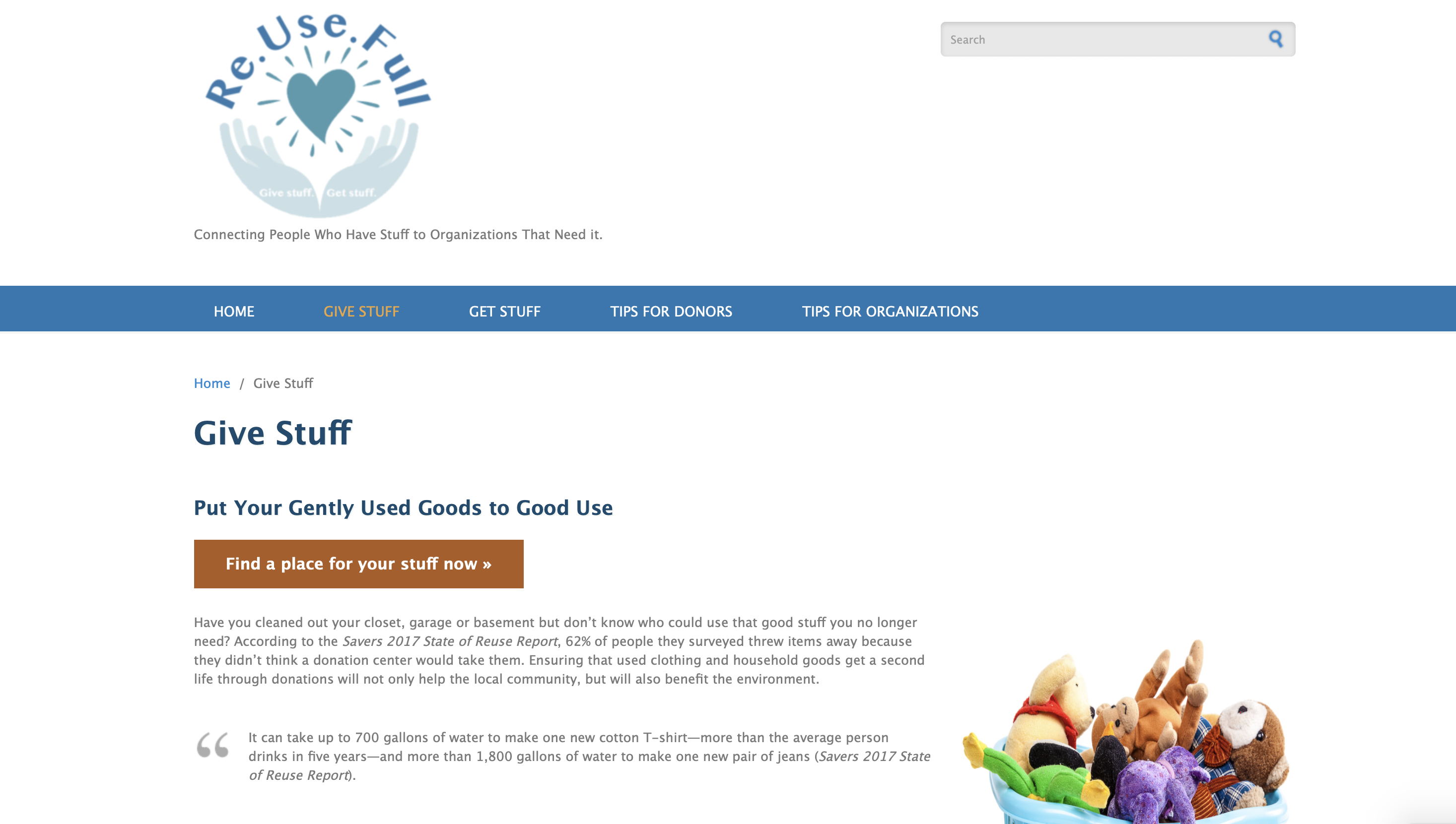Figure 3: Current “Give Stuff” page for Re.Use.Full, which will continue to be revised as advanced technical writing students produce the content; May 10, 2019 is the estimated completion date.