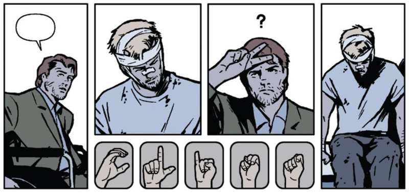 Image description: Nine panels of a comic book: four panels depict one character trying to communicate without spoken words, and five panels show a hand spelling CLINT in American Sign Language.