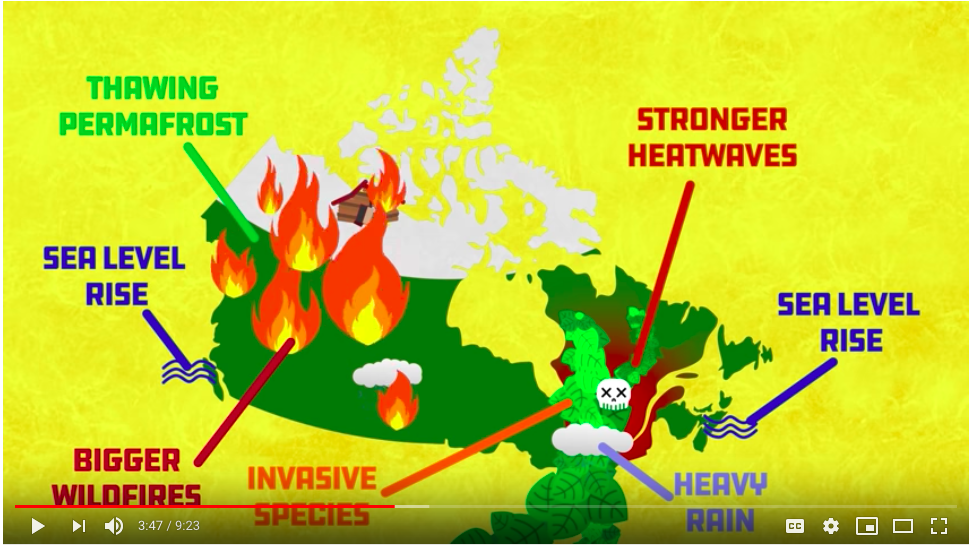 Screenshot from Global Weirding video shows a Canadian map overlaid with information about the impact of climate change on Canada
