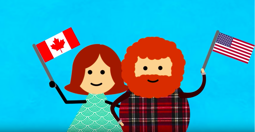 Screenshot from Global Weirding video shows a cartoon man and woman waving the Canadian and American flags against a blue background