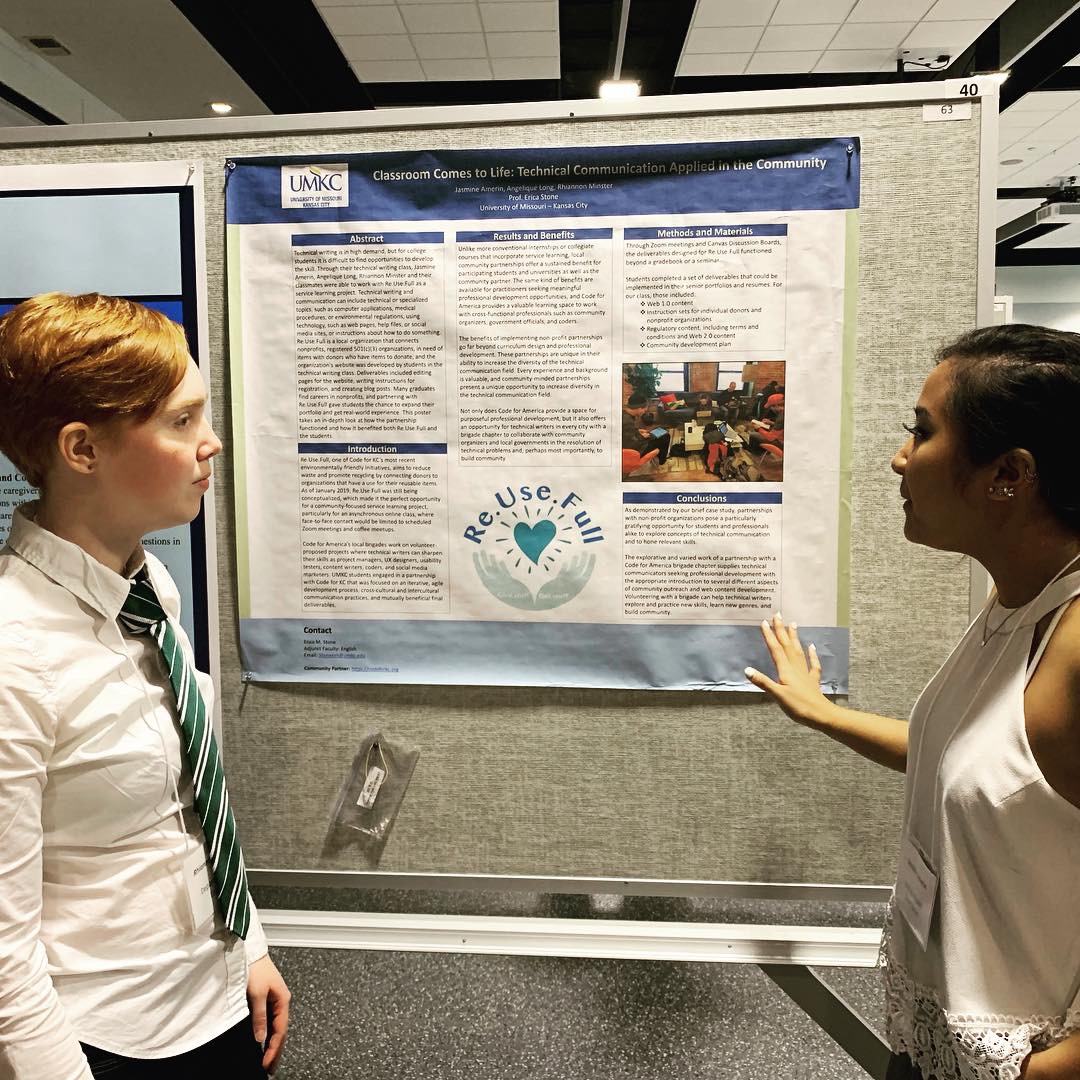 Rhiannon Minster and Jasmine Amerin discuss their poster, Classroom Comes to Life: Technical Communication Applied in the Community 