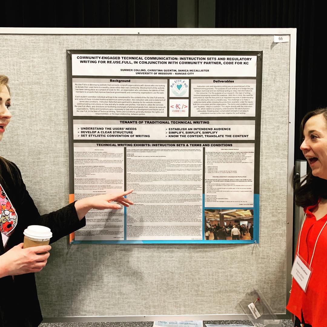 Christina Quentin and Danica McCallister discuss their poster, Community-engaged Technical Communication: Instruction Sets and Regulatory Writing for Re.Use.Full, in Conjunction with Our Community Partner, Code for KC
