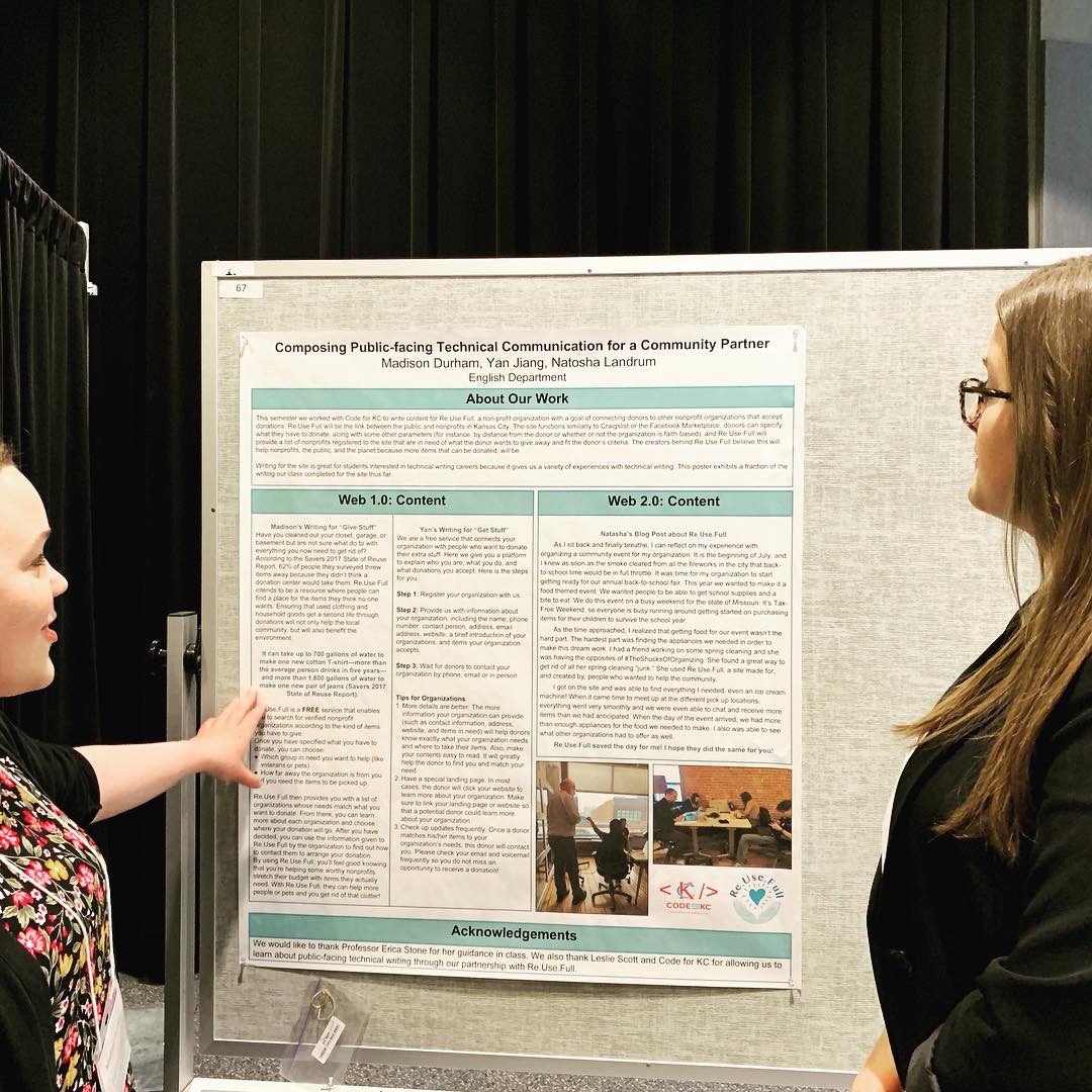 Madison Durham discusses her poster, Composing Public-facing Technical Communication for a Community Partner, with fellow classmate, Summer Collins