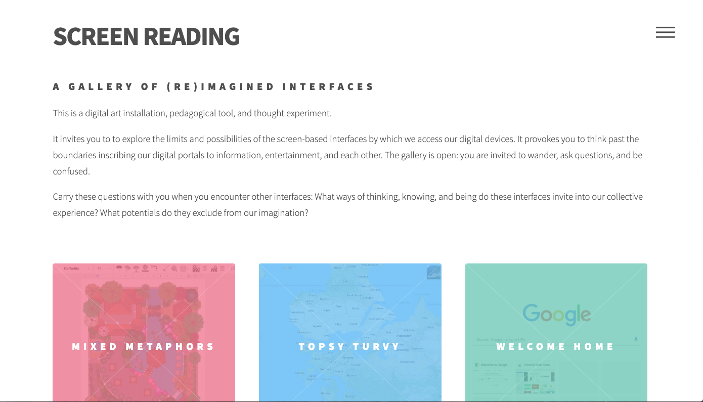 A screen capture of Monea's "Screen Reading" project homepage.