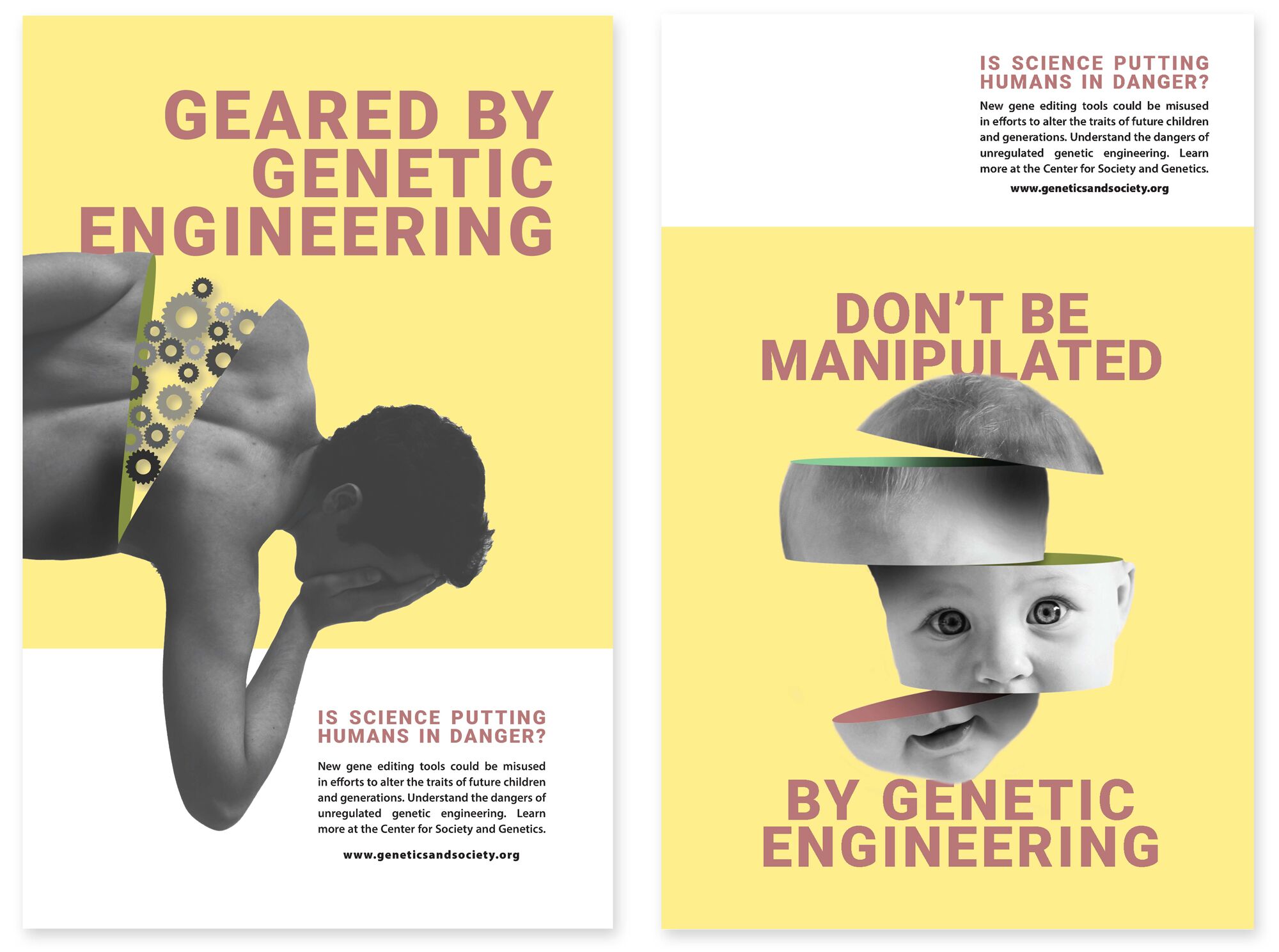 Two images of posters show abstract graphics and text. The first features an adult body opening to expose machinery with the headline "Geared by genetic engineering." The second shows a child's head in pieces with the headline "Don't be manipulated by genetic engineering."