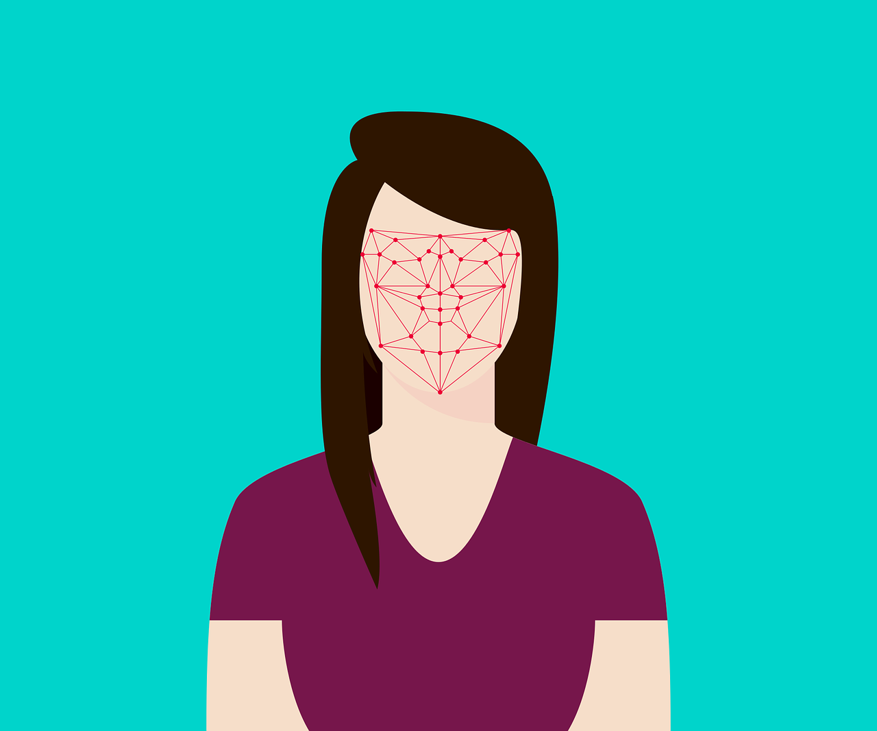 Illustration of a woman who’s face is obscured with red lines symbolizing facial recognition technology.