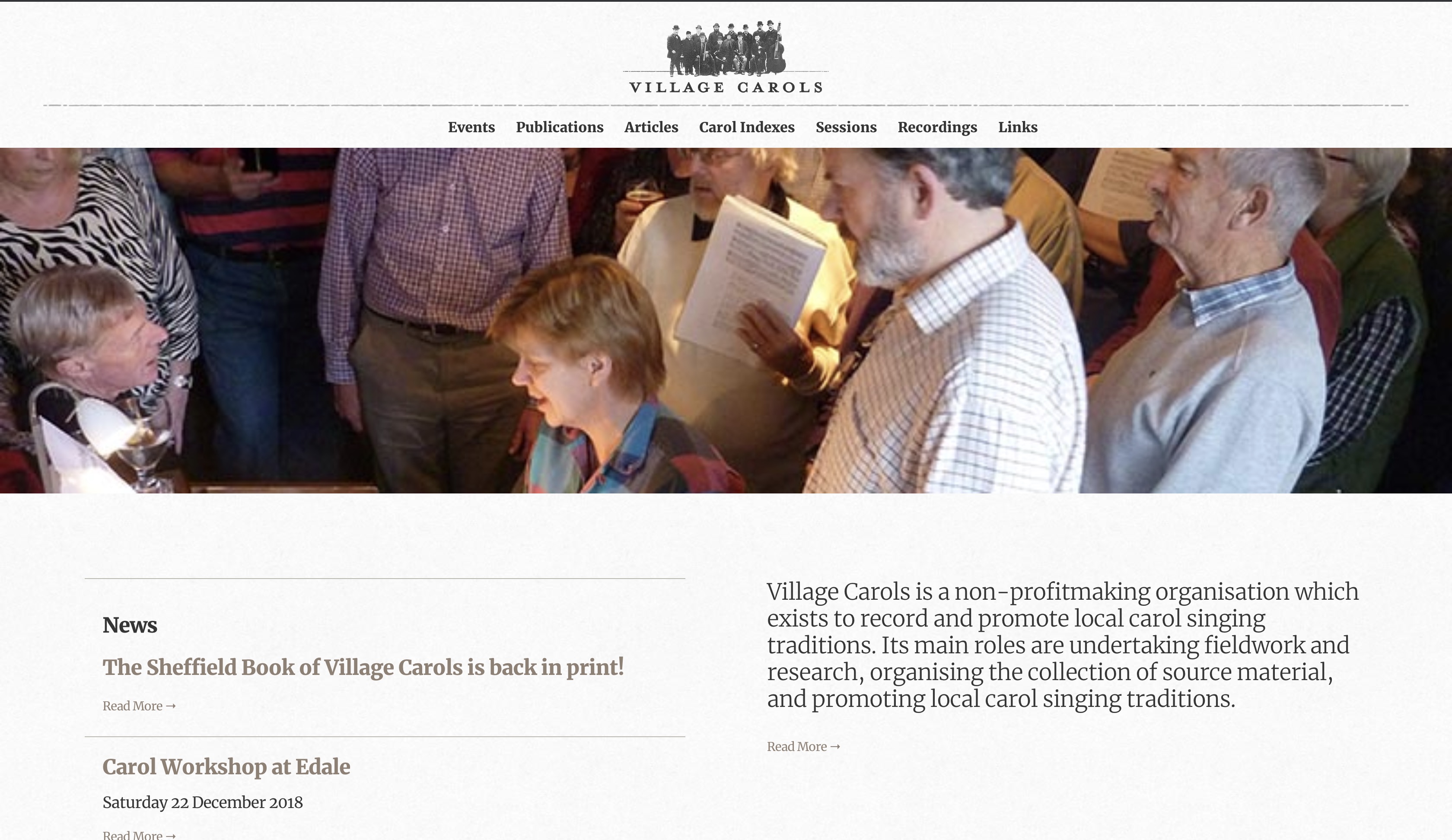 Screenshot of Village Carols homepage (Russell, n.d.).